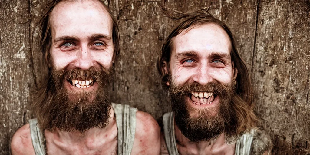 Prompt: extremely skinny malnourished redneck white male with long beard, wearing dirty overalls, dirty greasy face, grin, portrait, close up, kodak gold 2 0 0, 5 0 mm