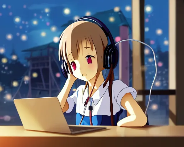 Prompt: anime fine details portrait of joyful school girl in headphones studying near monitor in her room at the table, evening, lamp, lo-fi, open window, dark city landscape on the background deep bokeh, profile close-up view, anime masterpiece by Studio Ghibli. 8k, sharp high quality anime