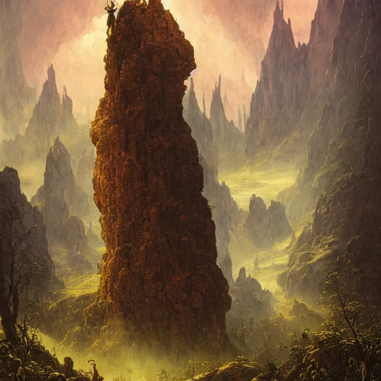 Image similar to a detailed landscape painting inspired by moebius and beksinski of a great forest with path and man with a cape over his head. fantasy poster. cinematic fantasy scene. aurora lighting. fantasy. carl spitzweg. baroque elements. baroque element. intricate artwork by caravaggio. oil painting. award winning. dramatic. trending on artstation. 8 k