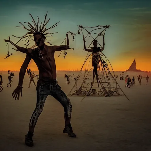 Image similar to burning man dancer, digital art, post apocalyptic