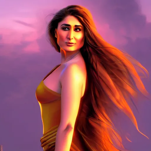 Image similar to kareena kapoor in sunset, by etienne hebinger, cgsociety, fantasy art, 2 d game art