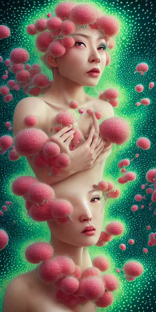 Image similar to hyper detailed 3d render like a Oil painting - kawaii Aurora (Singer) Eats of the juicy Strangling Fruit and Her gossamer polyp blossoms bring iridescent fungal flowers whose spores black the foolish stars by Jacek Yerka, Mariusz Lewandowski, Houdini algorithmic generative render, Abstract brush strokes, Masterpiece, Edward Hopper and James Gilleard, Zdzislaw Beksinski, Mark Ryden, Wolfgang Lettl, hints of Yayoi Kasuma, octane render, 8k