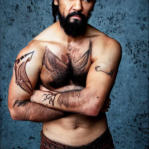 Image similar to portrait of khal drogo from games of thrones, mascular, broad shoulder, tattooed body, six packs, symmetrical, nikon 3 5 mm photography, ultrarealistic