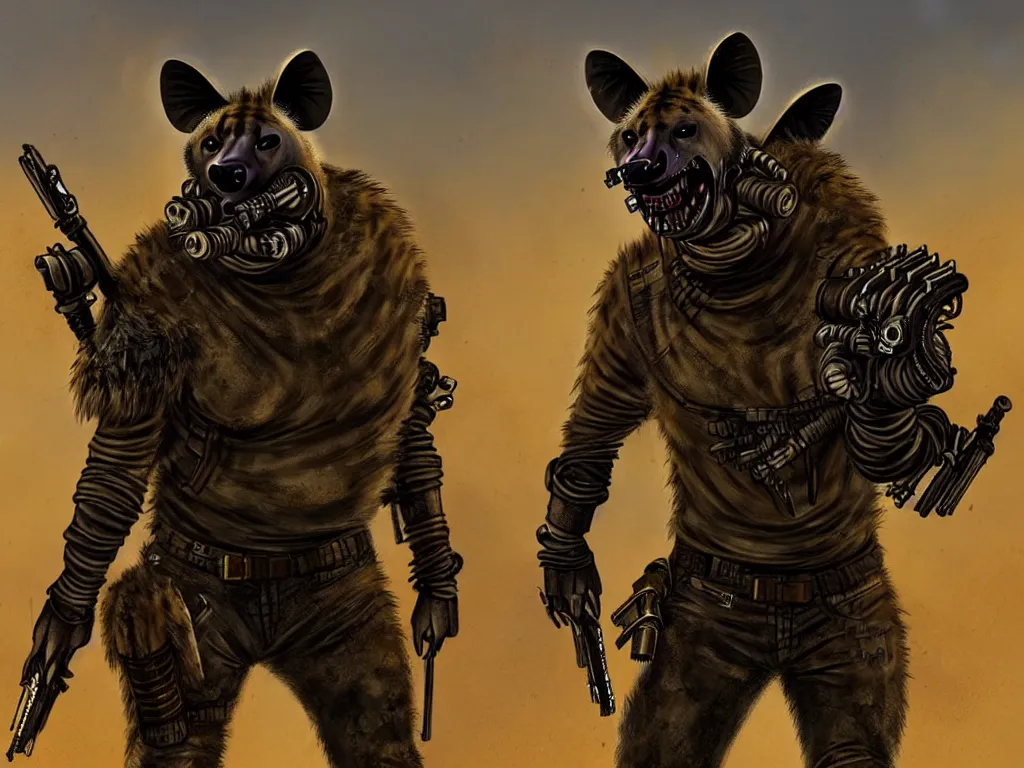 Image similar to a good ol'hyena fursona ( from the furry fandom ), heavily armed and armored facing down armageddon in a dark and gritty version from the makers of mad max : fury road. witness me.