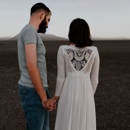 Image similar to skeleton couple holding hands and gazing to the sun eclipse