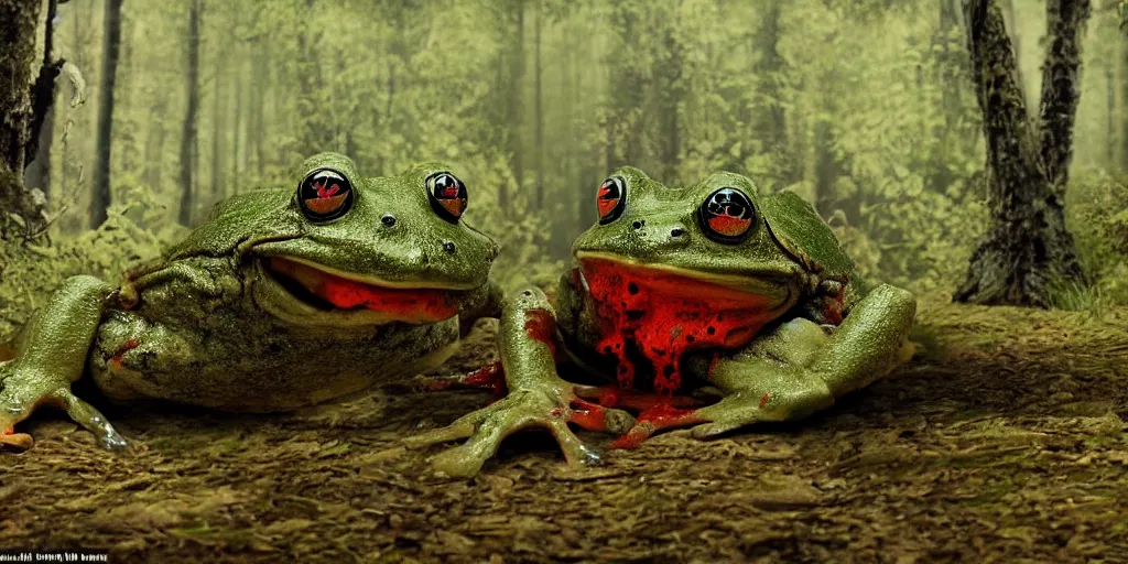 Prompt: horrifying huge robot - frog with blood dripping from it's mouth coming at you in old birch forest, movie scene, movie lighting, detailed, realistic