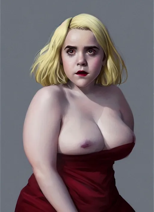 Image similar to full body portrait, kiernan shipka as sabrina spellman, white hair, obese, bangs, sultry, realistic, sultry smirk, fluffy bangs, curly bangs, fat, belly, intricate, elegant, highly detailed, digital painting, artstation, concept art, smooth, sharp focus, illustration, art by wlop, mars ravelo and greg rutkowski