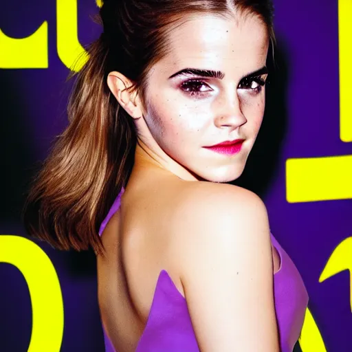 Image similar to Portrait photography of Emma Watson with glowing purple eyes