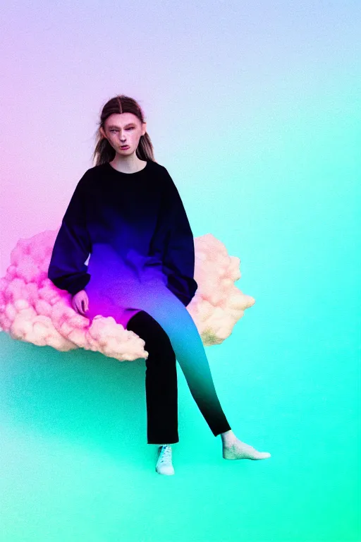 Prompt: high quality pastel coloured film photograph of a model wearing clothing resting on cloud furniture in a icelandic black rock environment in a partially haze filled dreamstate world. three point light, rainbow. photographic production. art directed. pastel colours. volumetric clouds. pastel gradient overlay. waves glitch artefacts. facial clarity. 8 k. filmic.