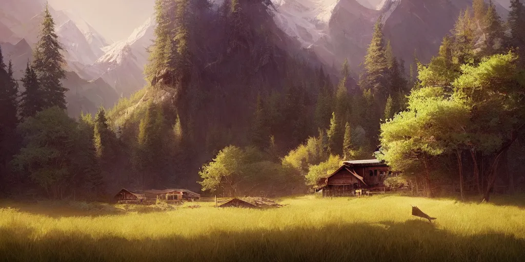 Image similar to mountainous forested wilderness open fields, beautiful views, painterly concept art, joanna gaines, environmental concept art, farmhouse, magnolia, concept art illustration by ross tran, by james gurney, by craig mullins, by greg rutkowski trending on artstation