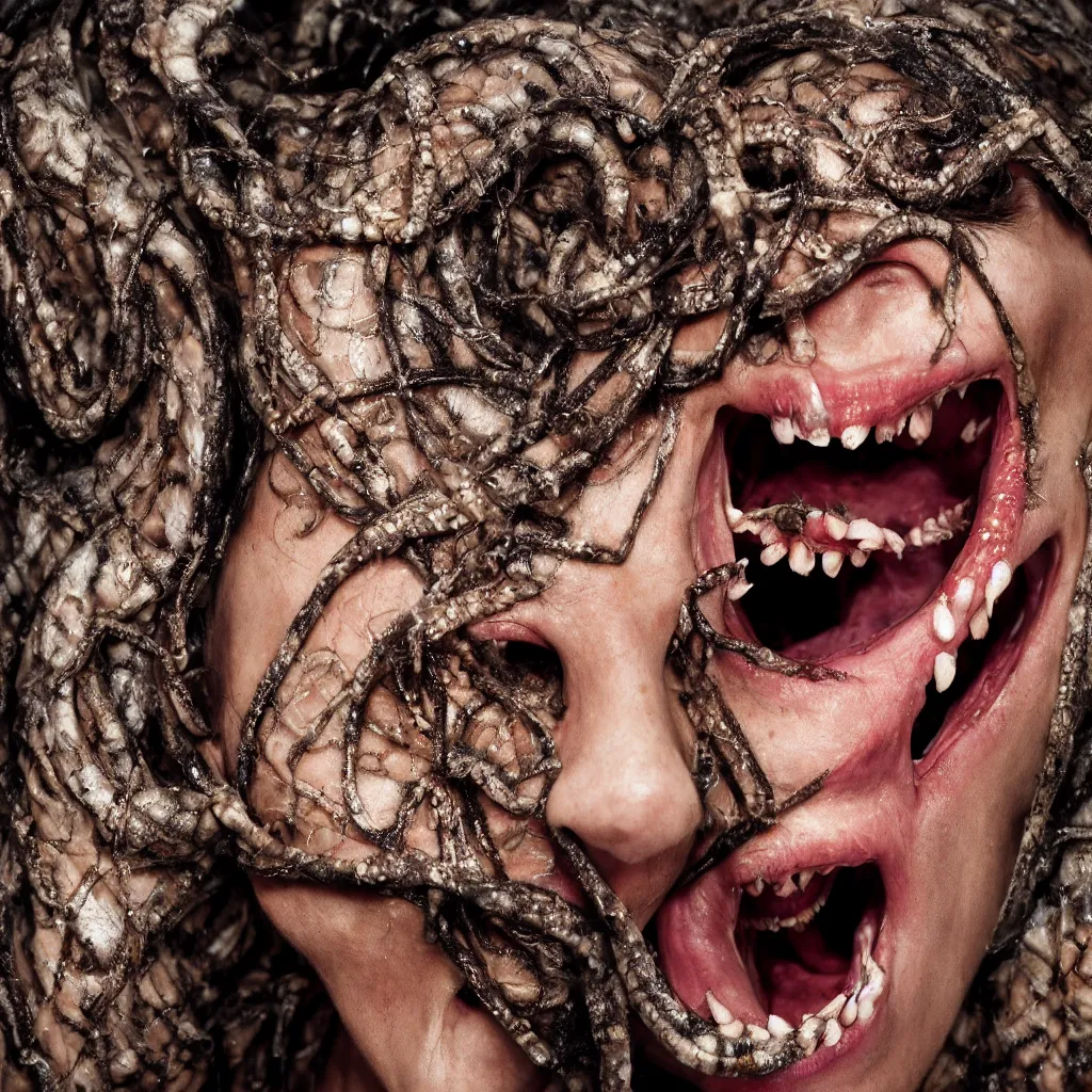 Prompt: hyper realistic photographic portrait of a disgusting female demon with snake skin, black eyes, mouth open in a scream, needle like teeth dripping poison, a background made of maggots and grubs, 8 k, macro detail