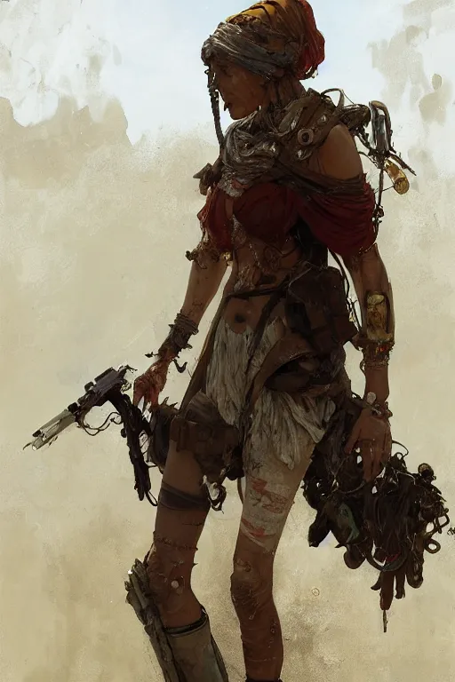 Image similar to a full body portrait of a beautiful post apocalyptic offworld miners quarter bedouin blind pulp fiction scarlet wild rogue barbarian leper begging by the roadside, intricate, elegant, highly detailed, digital painting, artstation, concept art, smooth, sharp focus, illustration, art by krenz cushart and artem demura and alphonse mucha