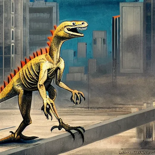 Prompt: An artwork of a velociraptor in a dystopian city, paleo art, brutalism