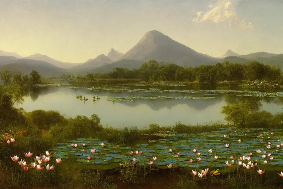 Prompt: alpine pond with water lilies, a single blooming gigantic lotus flower, and simple flat roof shacks in the background, a single lily pond under hazy mountains, landscape painting by Albert Bierstadt and Frederic Edwin Church. Hudson river school monumental landscape painting, view from above, wikimedia commons full resolution