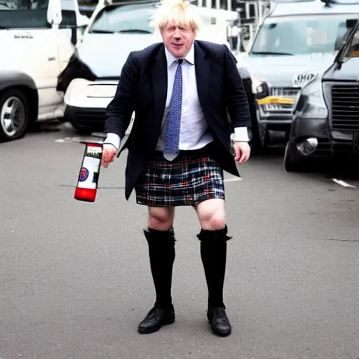 Image similar to boris johnson wearing a kilt, drinking beer and dancing on a parking lot next to a car