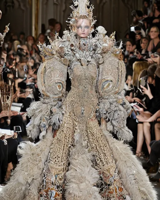 Prompt: fashion model walking down a catwalk, elaborate dress by alexander mcqueen, detailed face, beautiful feminine face, art by julia hetta and giampaolo sgura and pamela hanson and david roemer and mario testino and lara jade and tim walker and cole sprouse