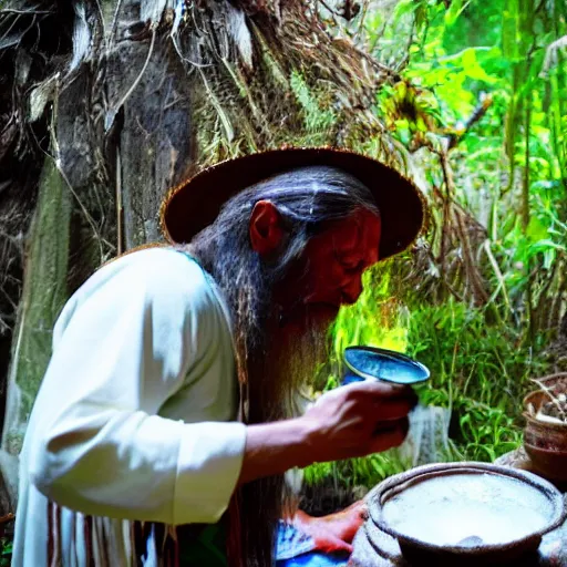 Image similar to a shaman preparing a magic decoction in a dreamy atmosphere, 4 k, 3 d, photo