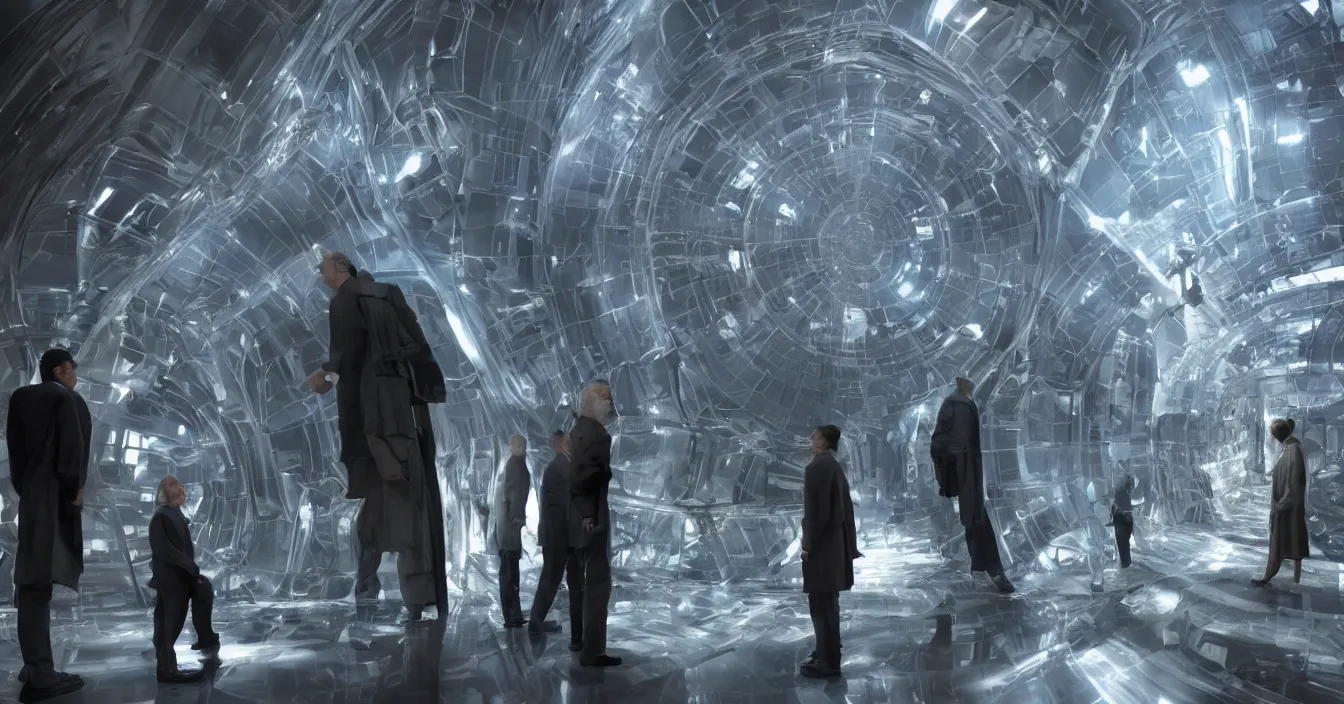 Prompt: dramatic realistic imagination from scifi movie with portrait of old scientists standing in front of glass refractive statue of big tesseract, in small room, opening new space dimensions, difractions of light, full of reflections, volumetric light, dramatic atmosphere, cinematic composition, satisfied pose, deep depth, defocus, rendered in vray, raytracing, raymarching