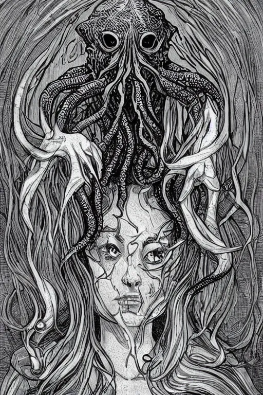 Image similar to cthulhu priestess looking into a mirror