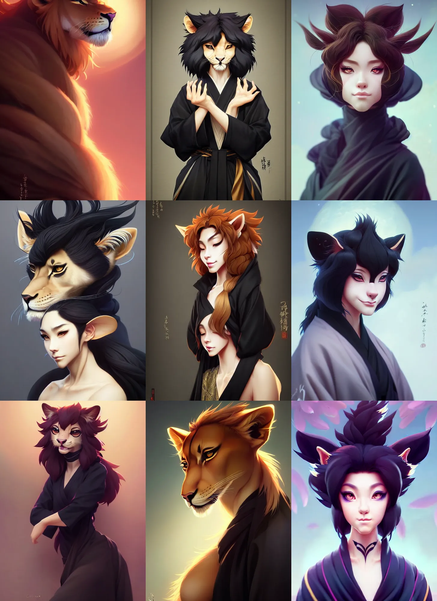 Prompt: beautiful portrait of a female anthropomorphic lioness fursona dressed in a black kimono. character design by disney, charlie bowater, ross tran, artgerm, and makoto shinkai, detailed, soft lighting, rendered in octane