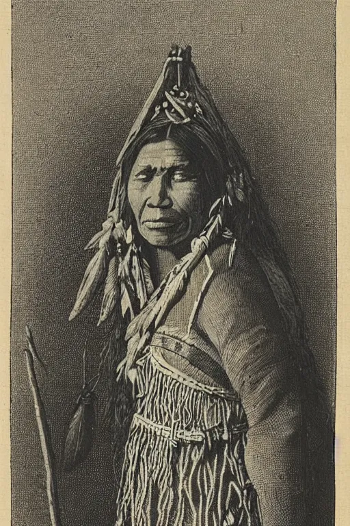 Image similar to “19th century wood engraving of a Native American indian woman, portrait, Nanye-hi Beloved Woman of the Cherokee, wearing a papoose showing pain and sadness on her face, ancient”