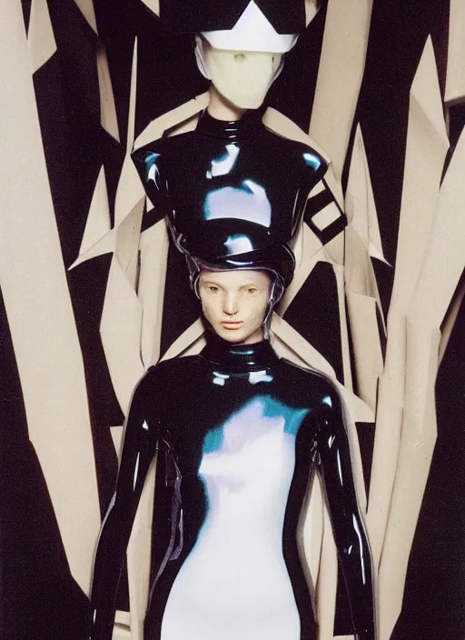 Prompt: an early 0 0's aesthetic portrait of an european girl detailed features wearing a cyber latex wedding dress suit'utility - chic'techno - fashion trend - by issey miyake by ichiro tanida and mitsuo katsui