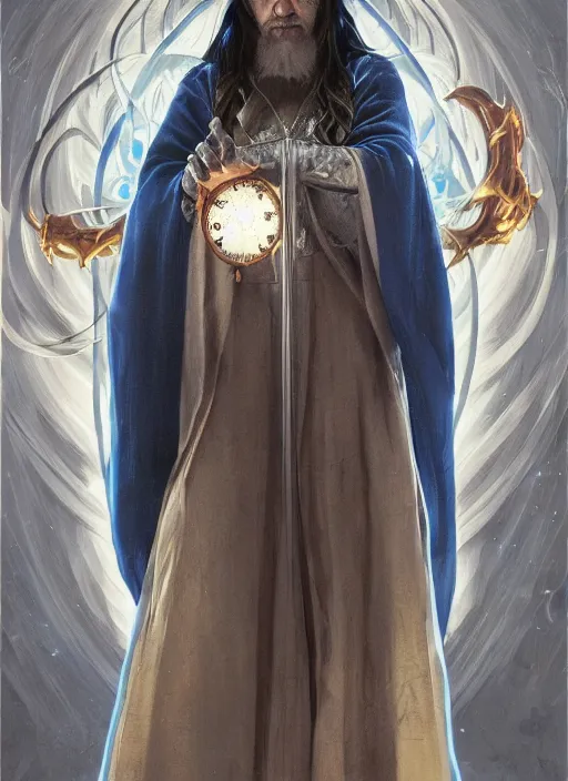 Image similar to medium - length portrait of a wizard, arcane sigils hovering over her hands, with long white hair and glowing blue eyes, dark brown skin, stern expression, wears a long robe, medieval setting, dramatic pose, highly detailed, digital painting, artstation, concept art, sharp focus, illustration, art by greg rutkowski and alphonse mucha