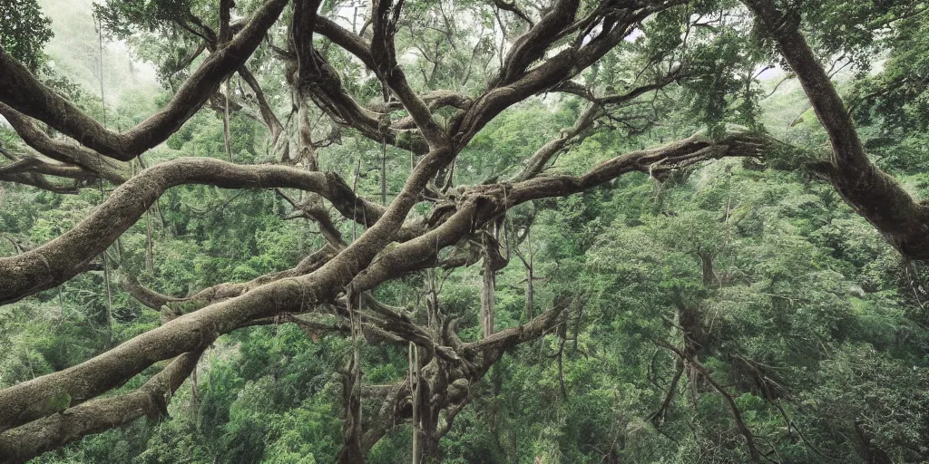 Prompt: a vast treehouse city built in an ancient forest, rope bridges, 8 k, shallow depth of field, intricate detail,