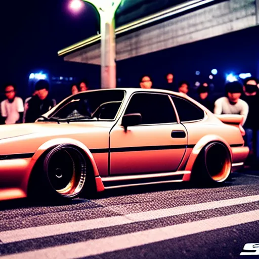 Image similar to a car S30 turbo drift at illegal car meet, shibuya prefecture, midnight mist streetlights, color grade, photorealistic, highly detailed wheels, highly detailed