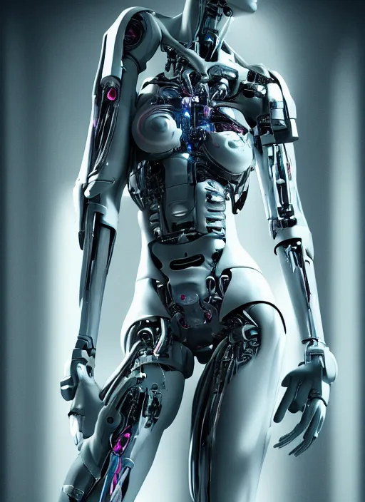 Prompt: photorealistic detailed full body picture of a female cyborg, pretty face with arms and legs and feet and hands, glamour pose, neon lights, humanoid, extreme, uhdr, book called the most influental cyborg in 2 0 5 0, fine details, highly detailed, intricate, smooth sharp focus, symmetrical features, environmental portrait, realistic render