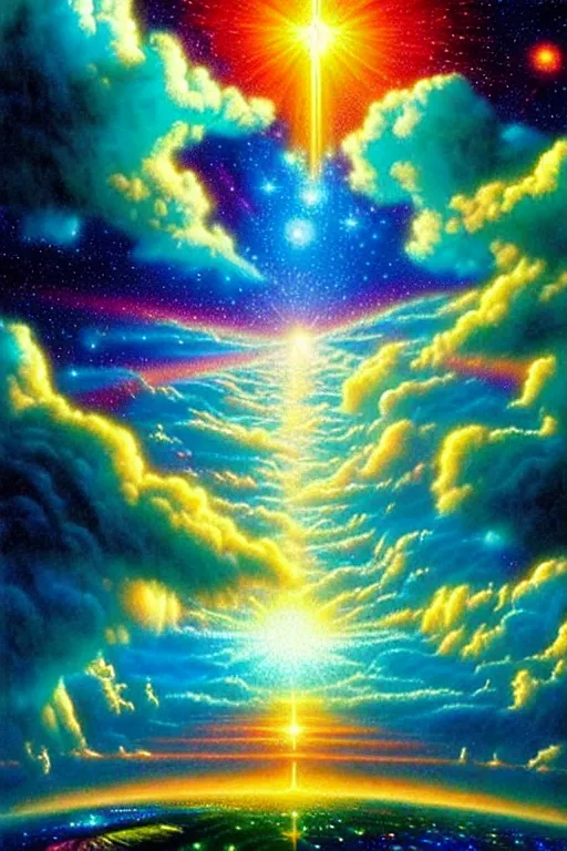 Prompt: a photorealistic detailed cinematic image of a beautiful vibrant iridescent future for human evolution, spiritual science, divinity, utopian, cumulus clouds, magical light prismatic beings, multidimensional, deep view, by david a. hardy, kinkade, lisa frank, wpa, public works mural, socialist