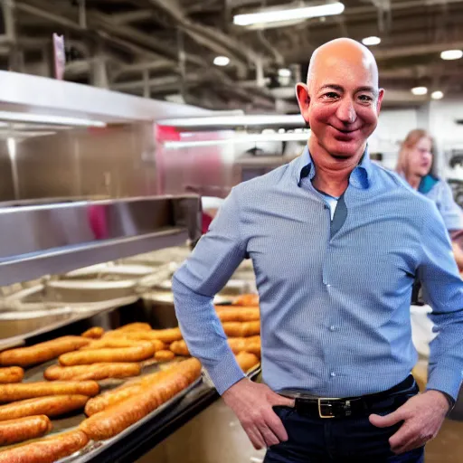 Prompt: jeff bezos launching a new type of sausage, smiling, happy, product launch, sausage, food photography, announcement, canon eos r 3, f / 1. 4, iso 2 0 0, 1 / 1 6 0 s, 8 k, raw, unedited, symmetrical balance, wide angle