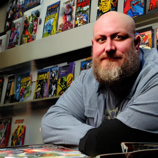 Image similar to portrait of DC comics comic book artist Ethan Van Sciver, chunky with a bald head and a trimmed grey beard