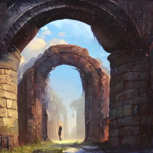 Prompt: concept art painting of an ancient ornate stone archway that is a portal to another world, inside the arch is a magical portal to another dimension, in the woods, realistic, detailed, cel shaded, in the style of makoto shinkai and greg rutkowski and james gurney