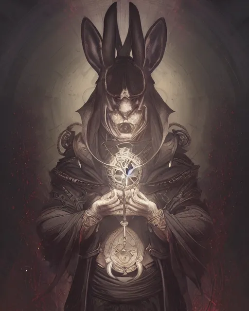 Image similar to Anthropomorphized black rabbit monk, centered, portrait, Path of Exile, Diablo, Warhammer, digital painting, highly detailed, concept art, Nekro, Peter Mohrbacher, Alphonse Mucha, Brian Froud, Yoshitaka Amano, Kim Keever, Victo Ngai, James Jean