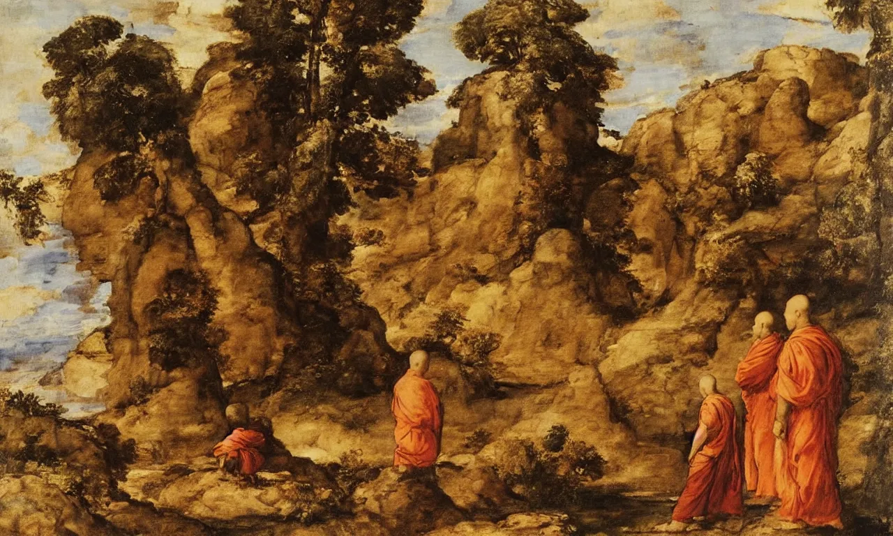 Prompt: a beautiful landscape with two hermit monks wearing brown habit, highly detailed, Painting by Titian