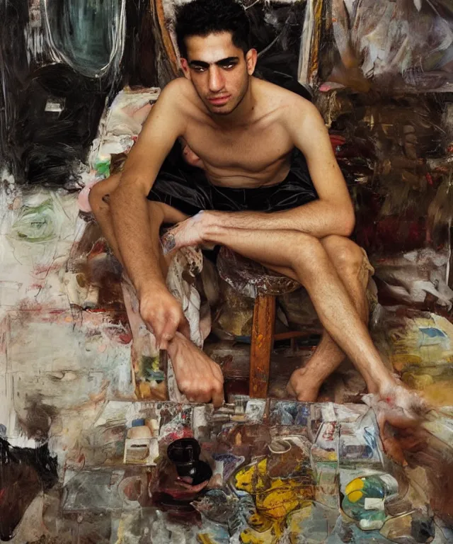 Image similar to a color photograph of persian young man in his workplace, by nan goldin, painted over by jenny saville, out of place, intense, bold, exaggerated, over proportion, hyperrealistic, ultra sharp, extra details, ultra high quality,