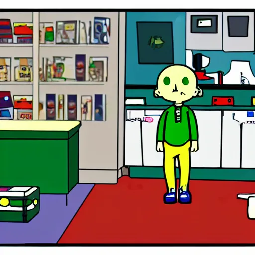 Image similar to Baldi from Baldi's Basics shopping for video games in London in the style of a 90's era cartoon.