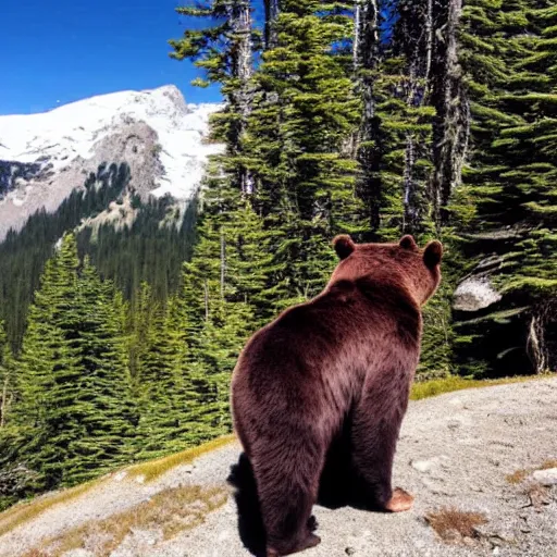 Prompt: spotting a bear from horseback in the pacific northwest, mountains, glaciers, alpine, intergalactic