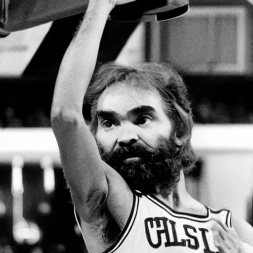 Prompt: 7 0 s television image of an nba basketball board cast, depicting charles manson shooting free throws, by errol morris