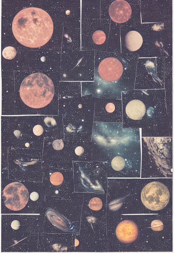 Prompt: Hi quality printed Collage of Grid of astrophotography, celestial bodies, duo-tone, halftone, in style of riso art