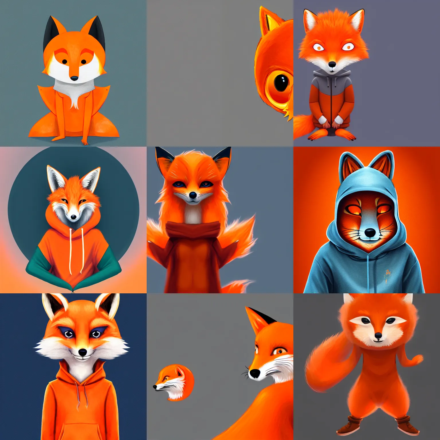 Prompt: a orange anthropomorphic fox wearing a hoodie, artstation, detailed digital painting