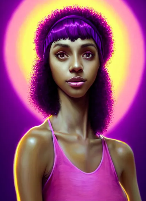 Image similar to portrait of teenage vanessa morgan with bright pink hair, black girl, curly pixie cut hair, wearing a purple breton cap, breton cap, hoop earrings, intricate, elegant, glowing lights, highly detailed, digital painting, artstation, concept art, smooth, sharp focus, illustration, art by wlop, mars ravelo and greg rutkowski