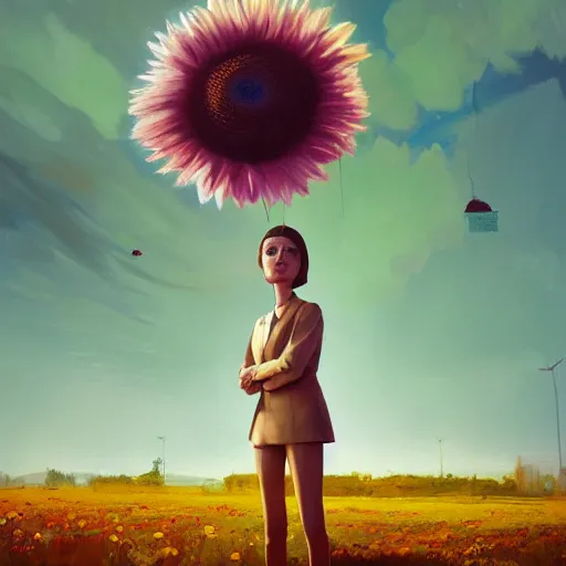 Image similar to giant daisy flower head, standing frontal, a girl in a suit, surreal photography, sunrise, dramatic light, impressionist painting, digital painting, artstation, simon stalenhag