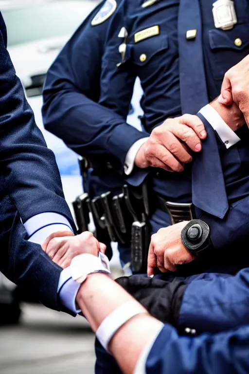 Image similar to donald trump being handcuffed by a police officer front of a police car, real life skin, intricate, high detailed, smooth, sharp focus