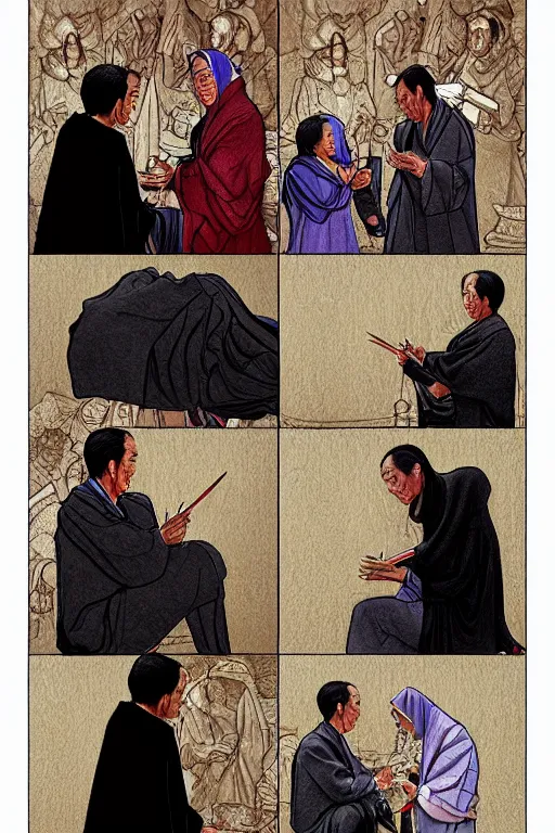 Image similar to saint joko widodo blessing people, sketch and art by jacqueline e, color by bo feng lin