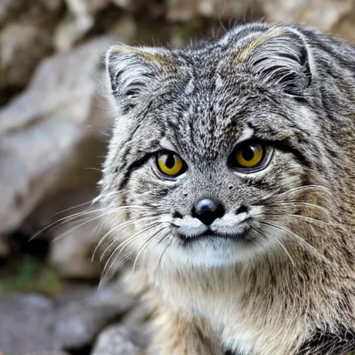 Prompt: a pallas cat ( manul ) looking into the camera from outside of a rocky cave, nature photo, trailcam
