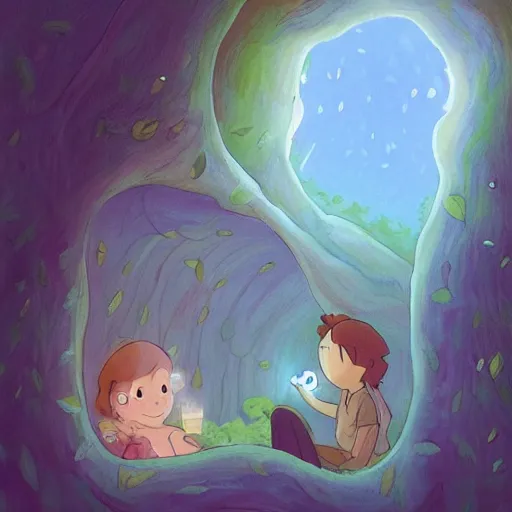 Image similar to a faerie and firefly couple living inside a hollow in a tree, masterpiece soft focus painting by kerascoet by marie pommepuy and sebastien cosset by studio ghibli, dynamic lighting