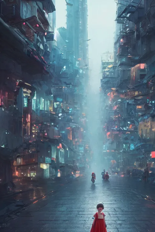 Prompt: a portrait of a small person wearing a cute dress in the middle foreground walking in the street of a sci-fi city by Greg Rutkowski, Sung Choi, Mitchell Mohrhauser, Maciej Kuciara, Johnson Ting, Maxim Verehin, Peter Konig, final fantasy , mythical, 8k photorealistic, cinematic lighting, HD, high details, atmospheric,