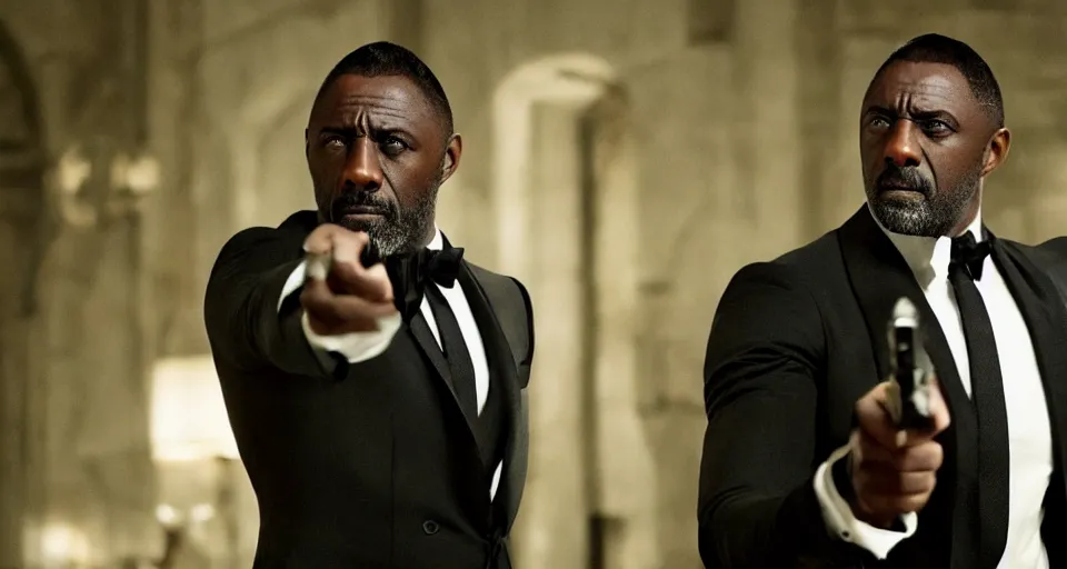 Image similar to idris elba as james bond, cinematic action scene, struggling to not fall off a building, straining, tuxedo, color corrected, promotional movie shot